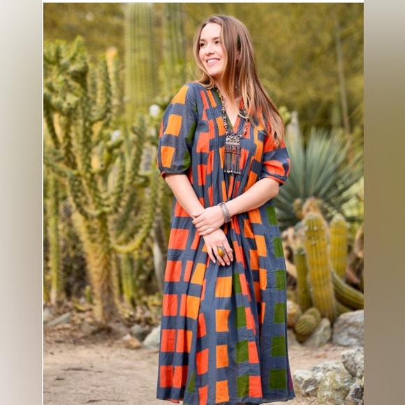 Dolma Skye Dress Geometric Block Printed Petrol Size M Medium Boho Relaxed Fit - Picture 9 of 15